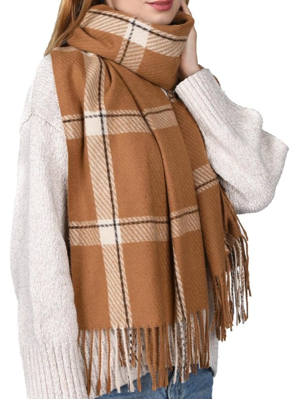 Women's Camel Shawl Soft Tassel Plaid Large Scarves Wraps Neck Scarves